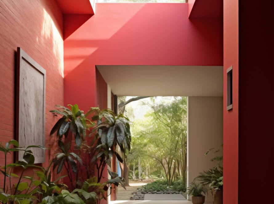 Indian modern home entryway featuring red walls, skylight, courtyard-inspired layout, and lush indoor plants