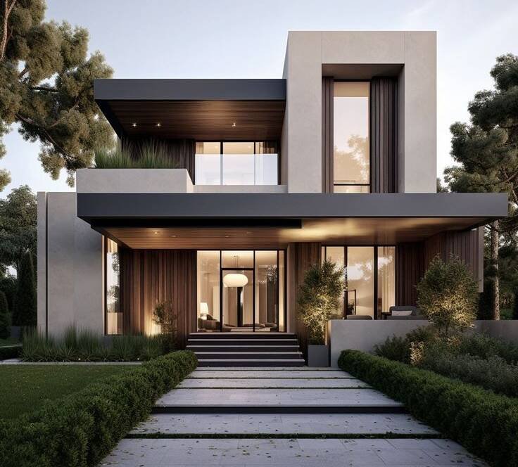 Modern compact luxury home exterior with smart architectural design, clean lines, and efficient space planning for urban living.