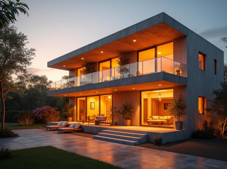 Modern two-story concrete home with large glass doors, balcony, passive design, and warm indoor lighting surrounded by greenery at dusk.