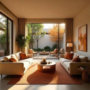 Modern living room with earthy tones, large glass doors opening to a minimalist outdoor courtyard with autumn trees and wooden furniture 