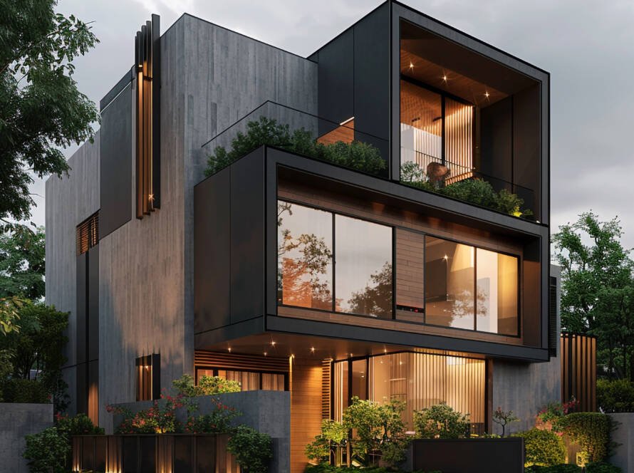 Modern compact luxury house with large floor-to-ceiling windows, minimalistic concrete and black exterior design