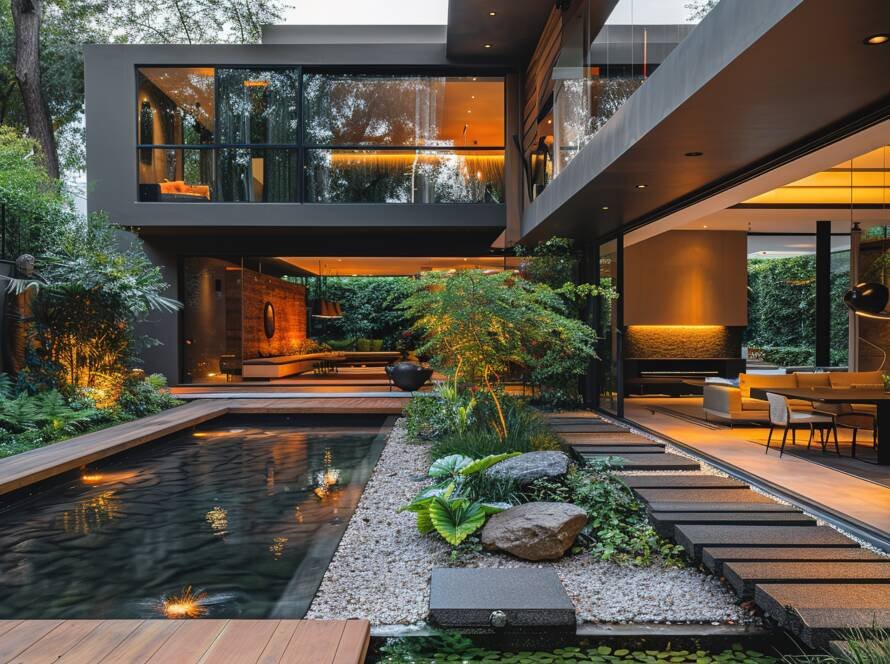 Contemporary greenfield home with open layout and landscaped courtyard