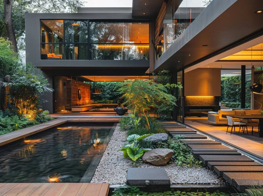 Contemporary greenfield home with open layout and landscaped courtyard