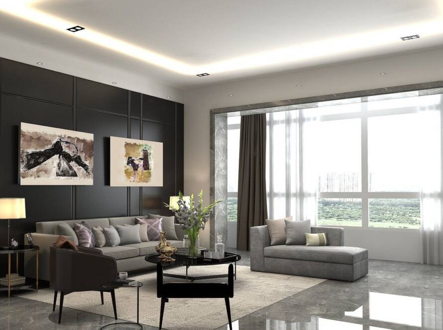 Elegant modern studio apartment living room with floor-to-ceiling windows, contemporary furniture, and minimalist decor in India