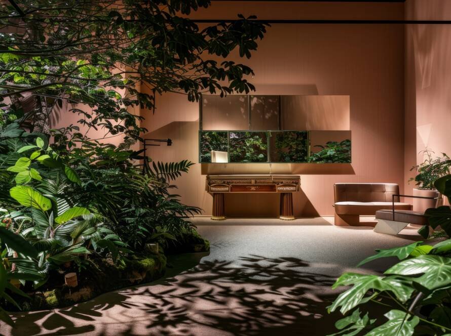 Biophilic interior design with lush tropical indoor plants, peach-colored walls, modern seating area, wall mirrors, and a classic console table under warm lighting.