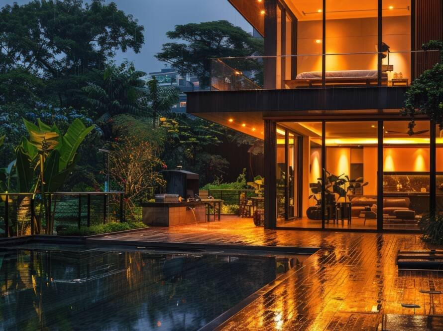 Modern luxury villa with floor-to-ceiling glass walls, warm interior lighting, and poolside view at night – premium architecture in urban India.