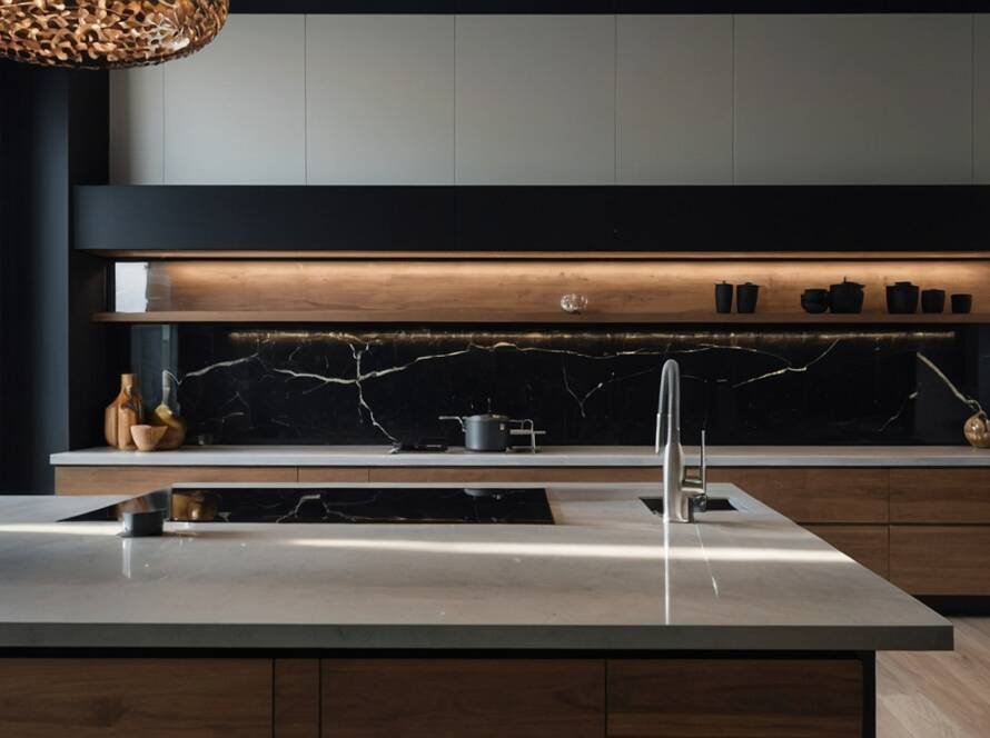 Modern luxury kitchen with matte quartz island and black marble backsplash
