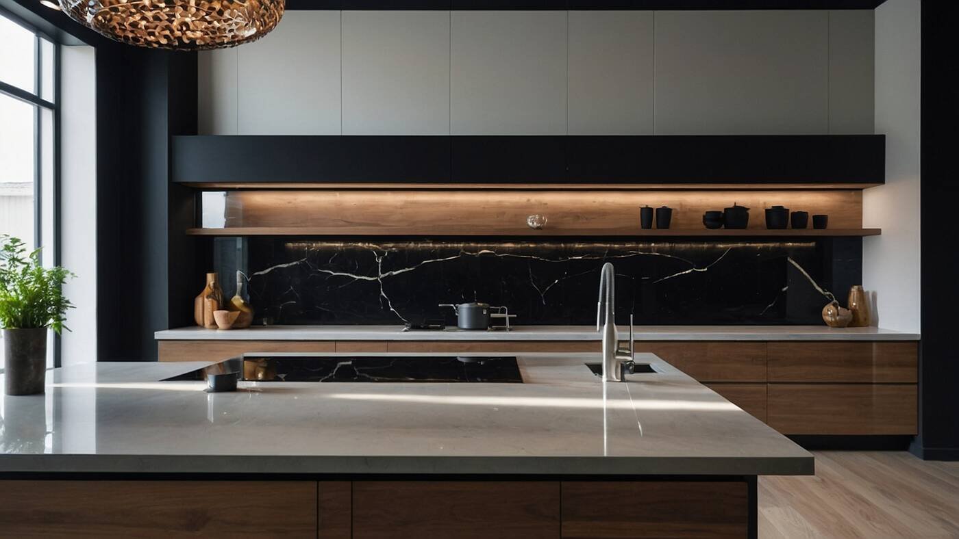 Modern modular kitchen with an L-shaped layout, stone counter and tall storage