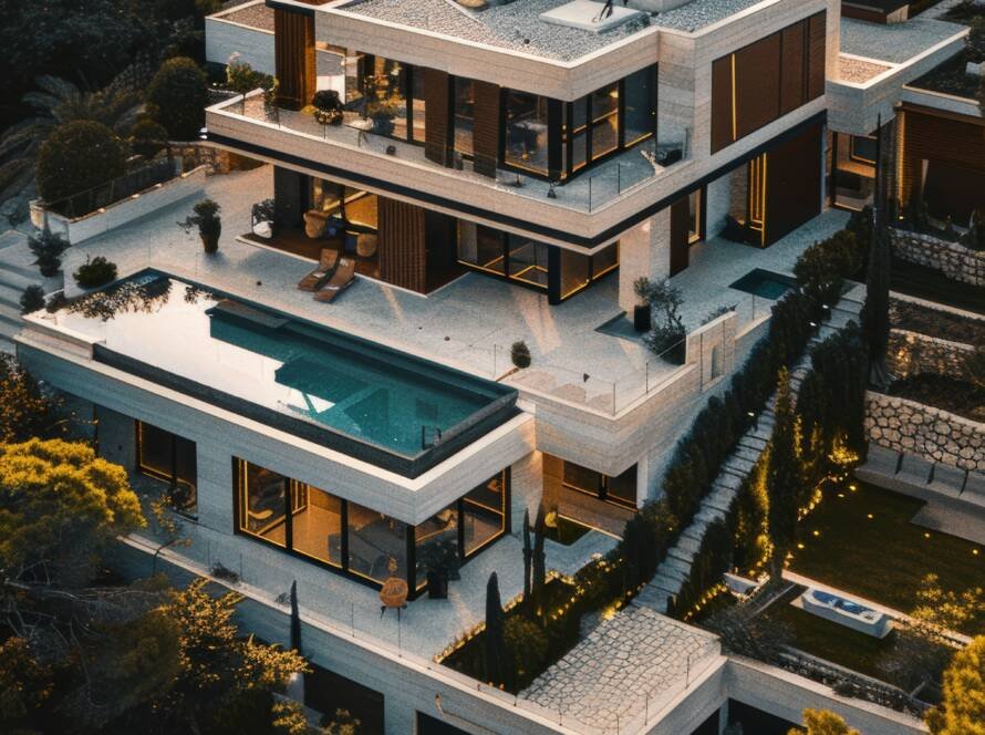 aerial view of luxurious villa with modern design, clean lines, and open architectural layout