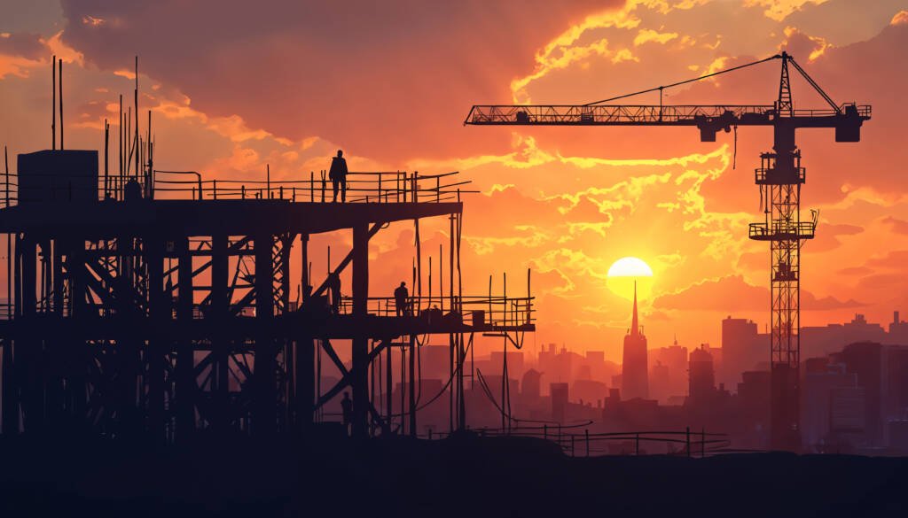 A large construction site with cranes and a concrete frame