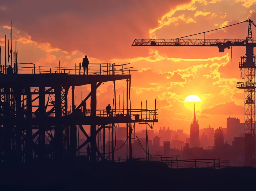 High-rise home construction site in India with cranes and RCC structure built by premium home builders in Hyderabad.