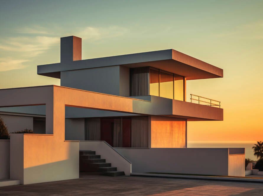 Modern minimalist luxury villa at sunset with clean geometric architecture.