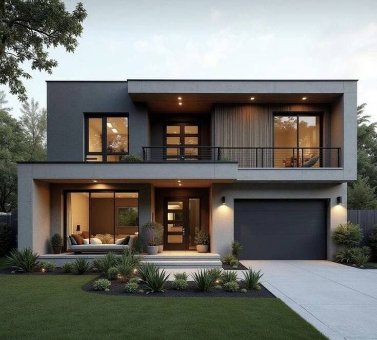 Modern luxury villa exterior with warm lighting and landscaped entrance at sunset.