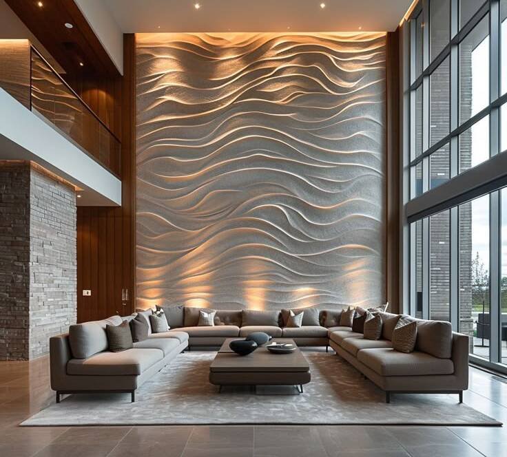 Luxury statement wall with wooden panels and textured design in a modern living space
