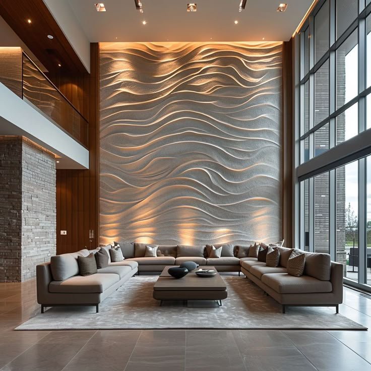 Luxury statement wall with wooden panels and textured design in a modern living space