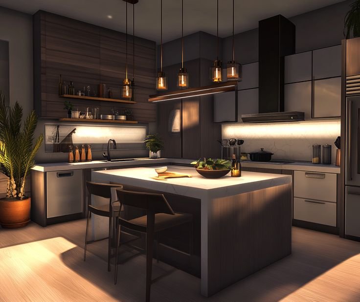 Modern luxury kitchen with island countertop, premium finishes, and ambient lighting in a high-end home