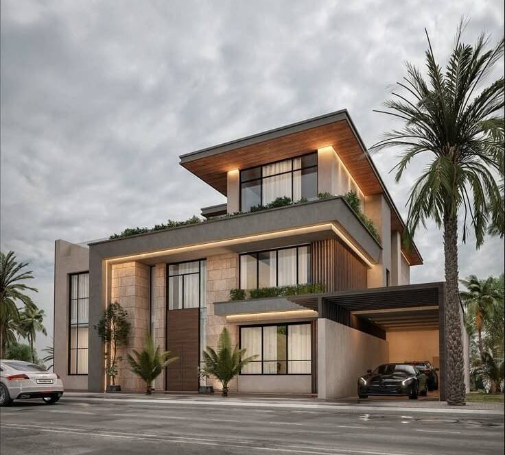 Modern luxury house with natural textured walls, clean architectural lines, and warm lighting, representing the design style often paired with rammed earth homes in India