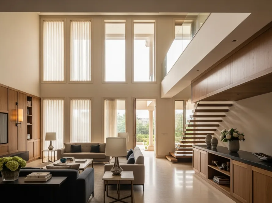 Luxury villa interior design in Hyderabad with a double-height living space