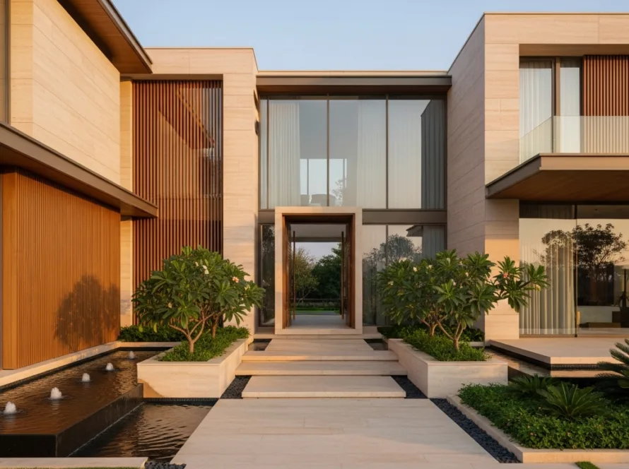 Modern luxury villa exterior at golden hour in Hyderabad