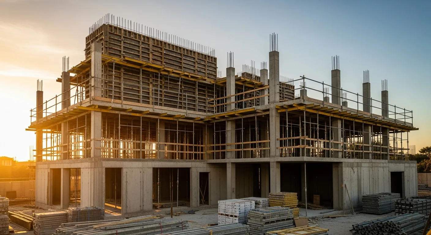 A home under construction in Hyderabad with the reinforced concrete frame going up