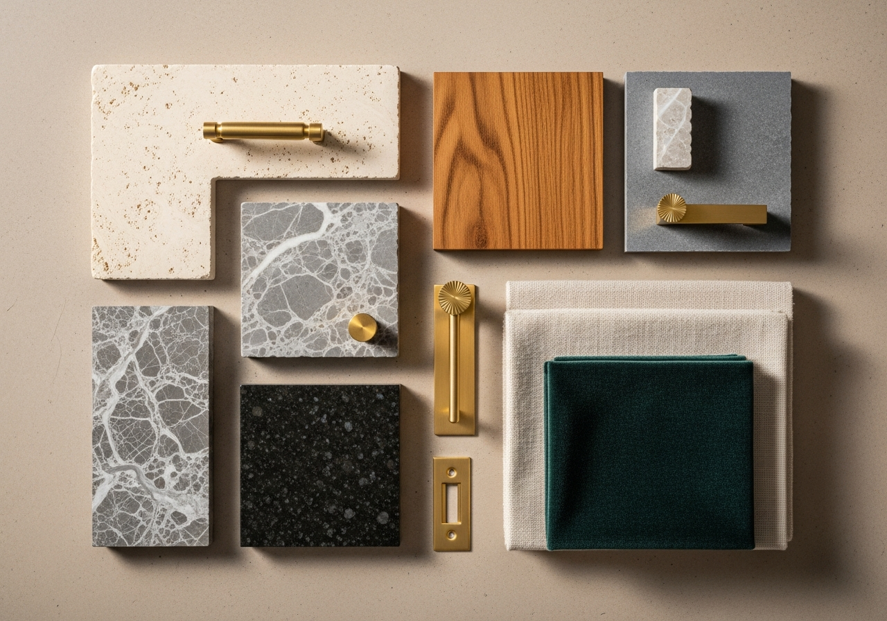 Material palette of stone, veneer, brass and fabric for a luxury Hyderabad flat
