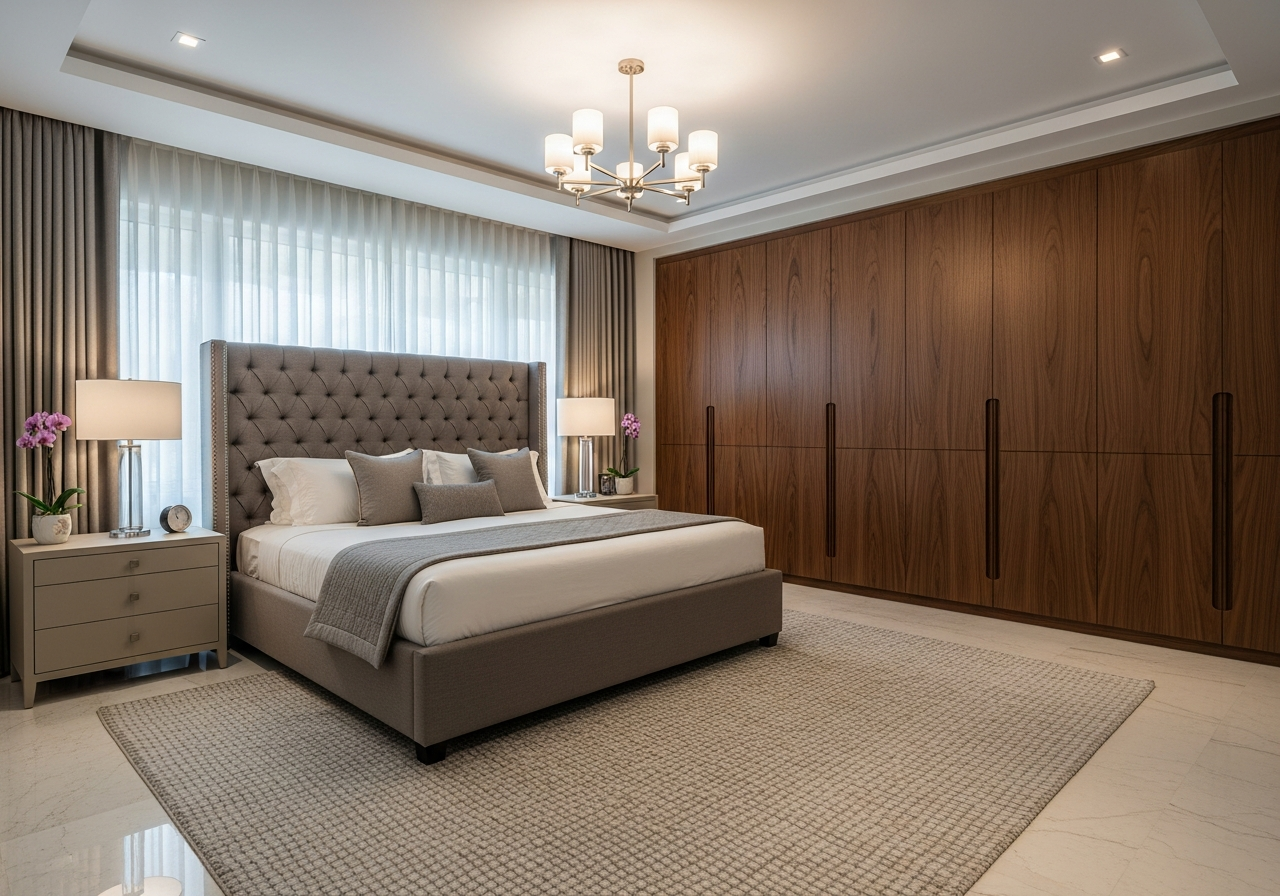 Bespoke luxury primary bedroom interior with designer joinery