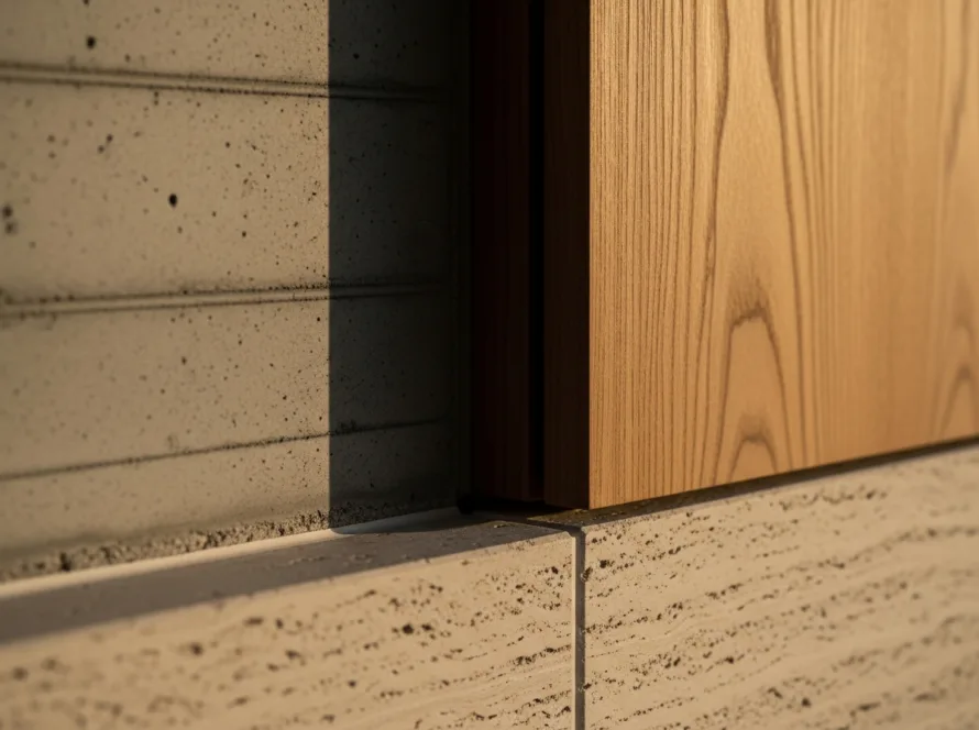 Exposed concrete, teak and stone detailing in a luxury home