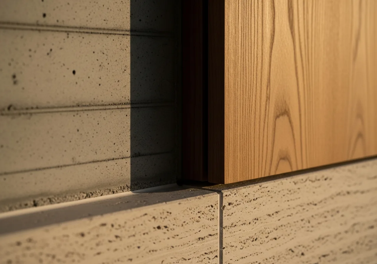 Exposed concrete, teak and stone detailing in a luxury home