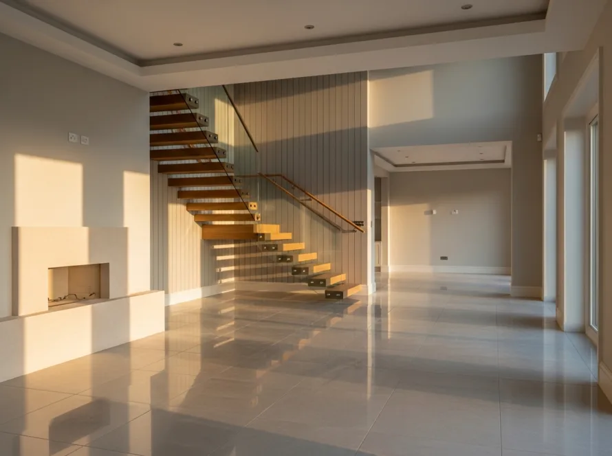 Finished luxury home interior with floating staircase at handover