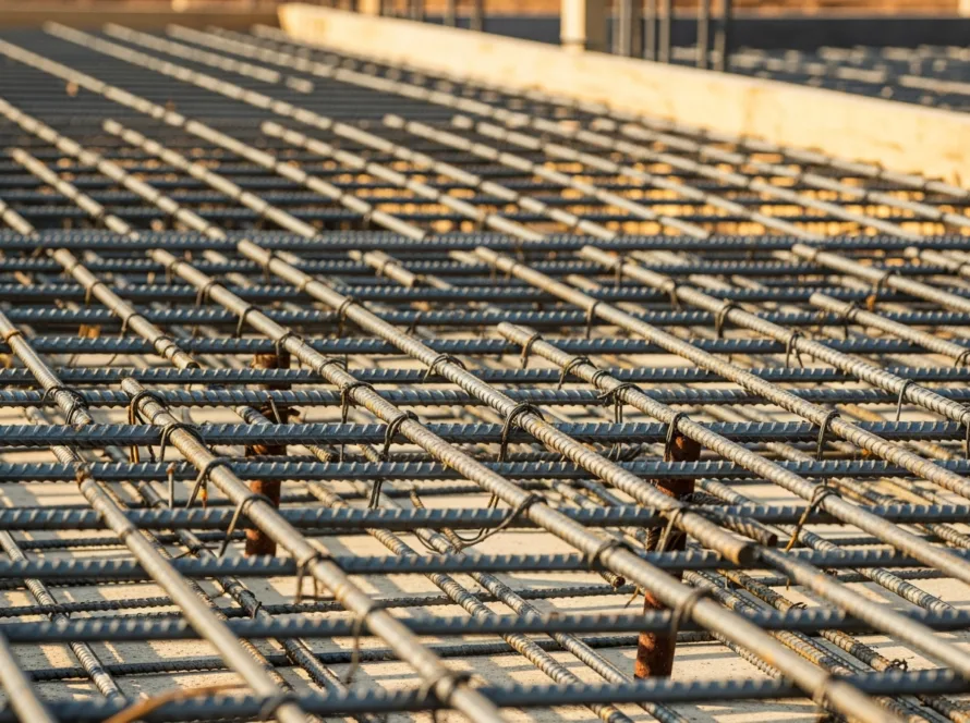 Steel reinforcement grid inspected before a concrete pour