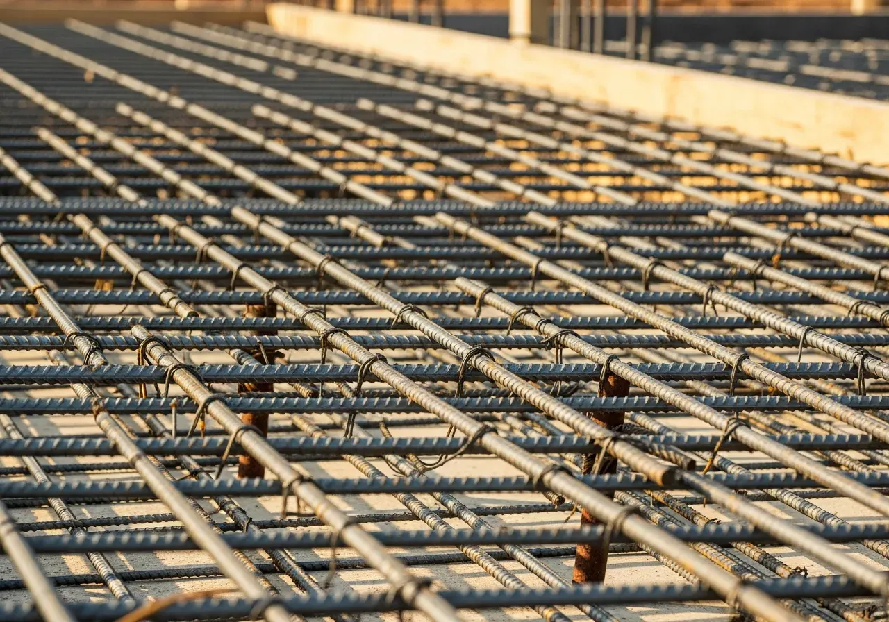 Steel reinforcement grid inspected before a concrete pour