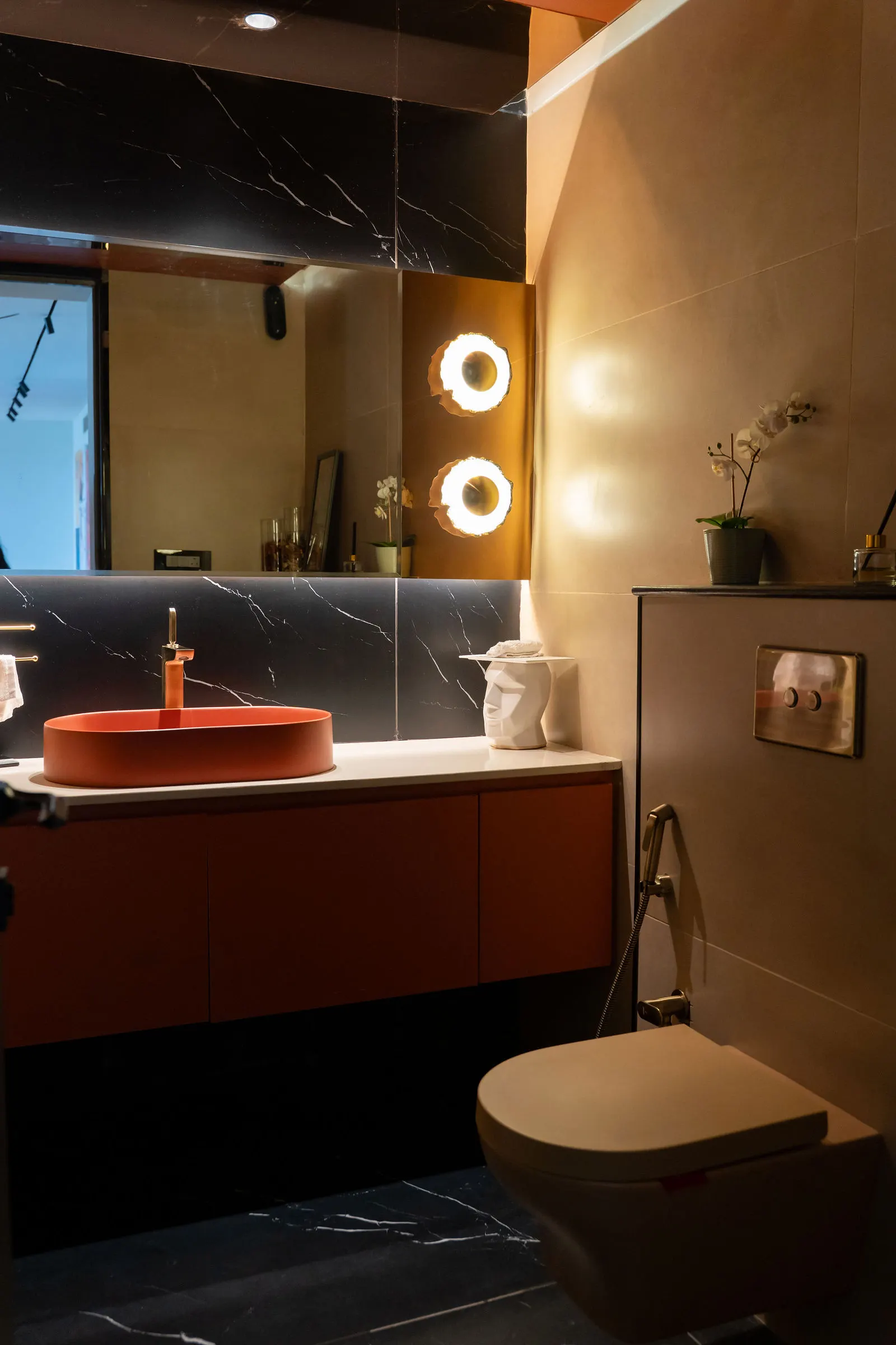 Bar counter with a warm under-lit shelf
