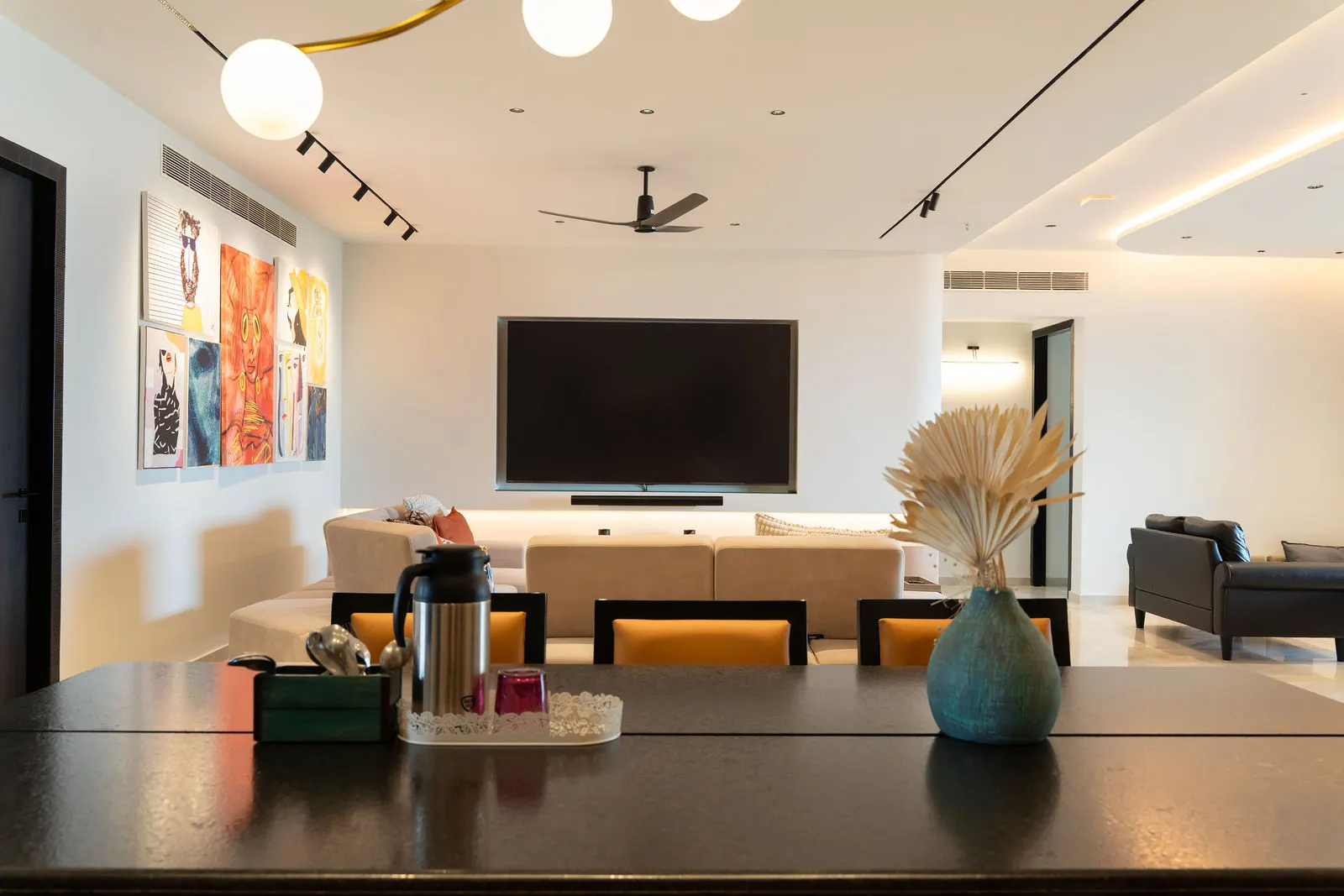 Living room TV wall with a full-width low console