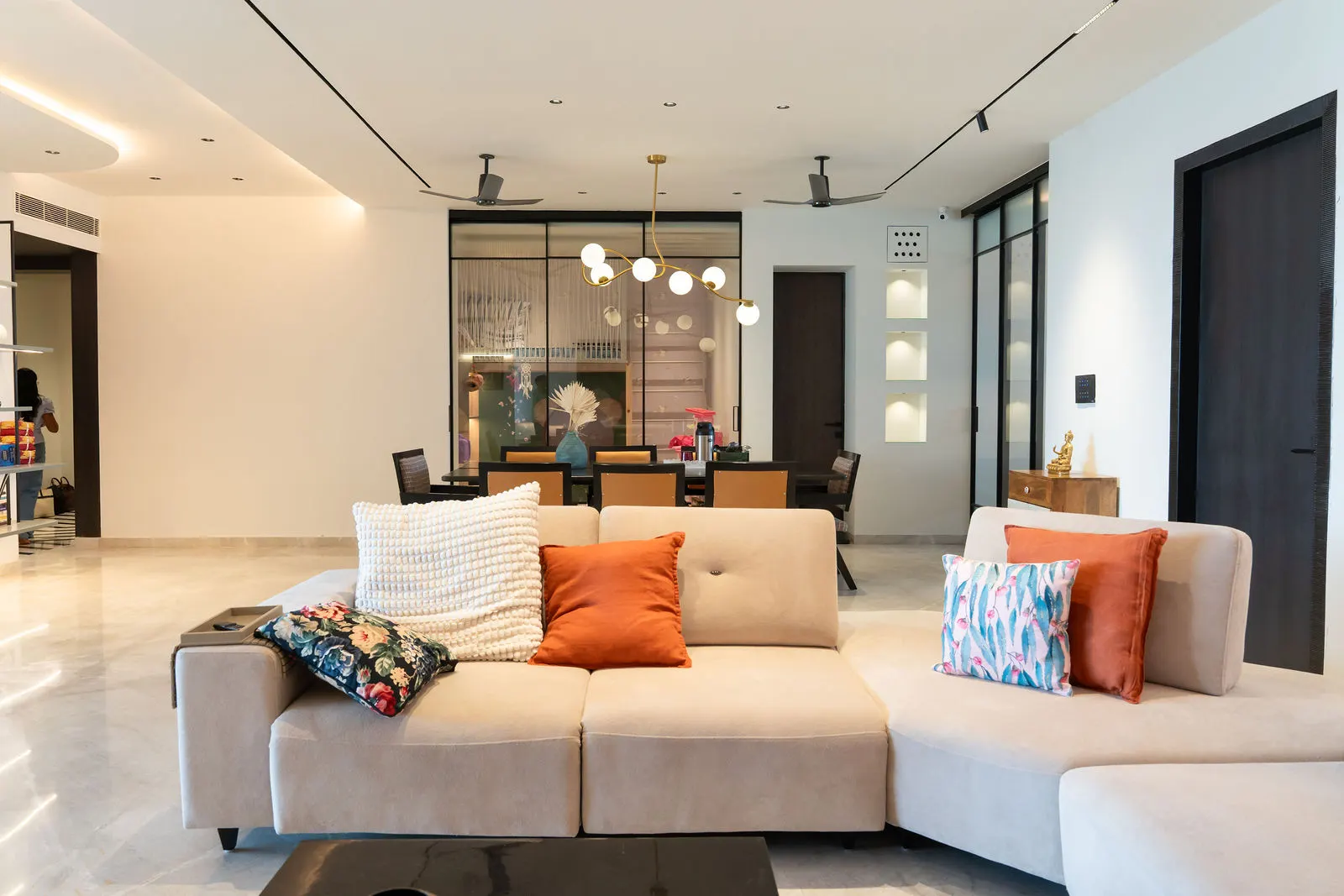 Wide view of the living room and passage beyond
