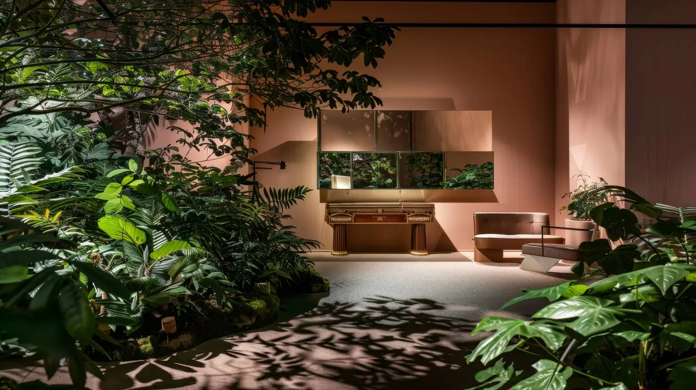 Interior with tropical planting and natural materials, biophilic design