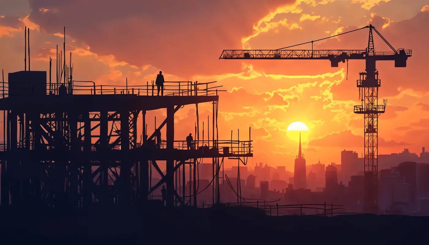 House construction progressing through its structural stages