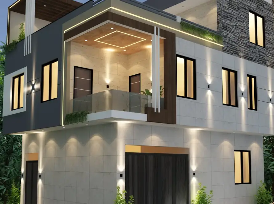 A modern duplex home exterior in India at dusk