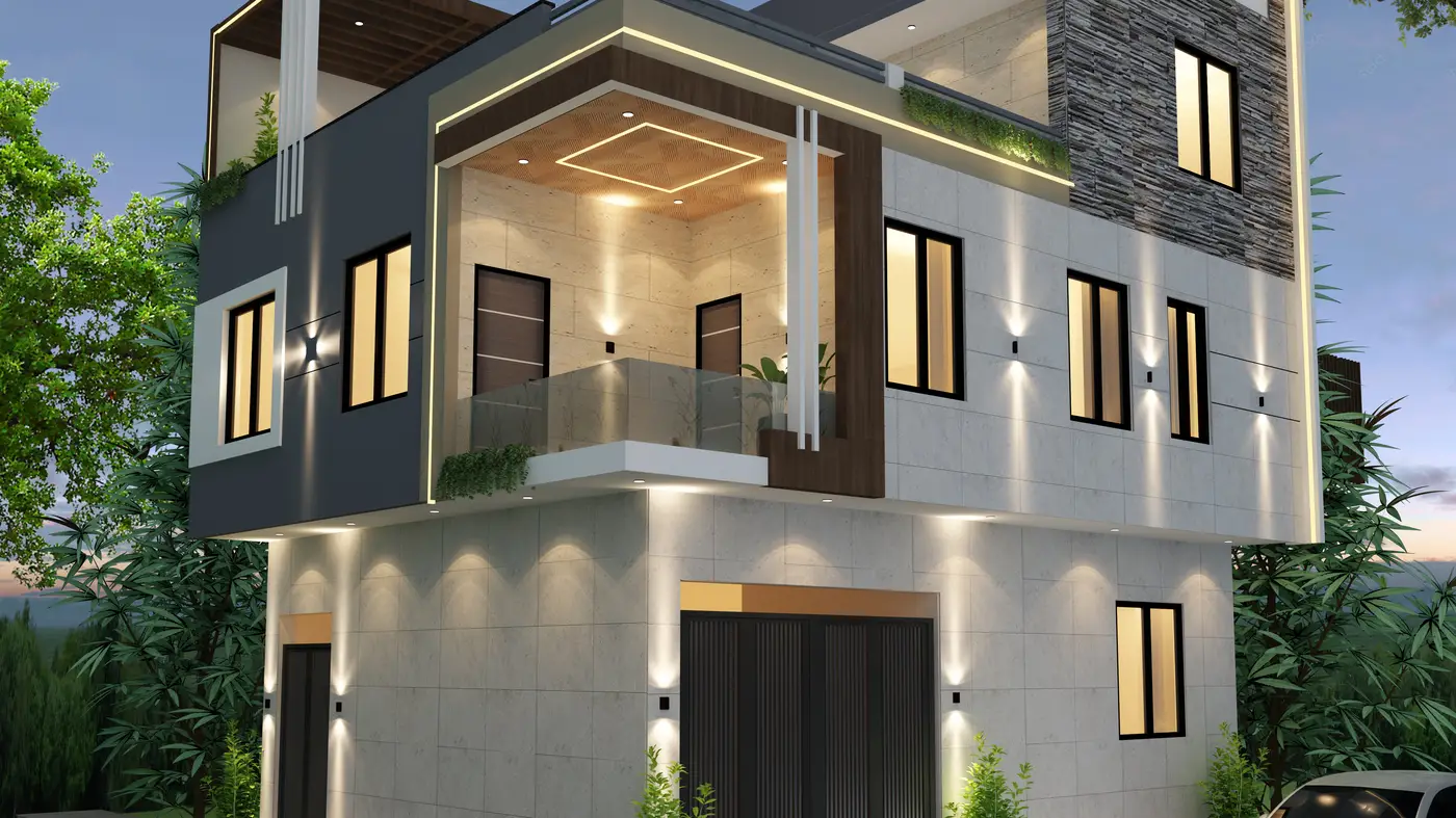 A modern duplex home exterior in India at dusk