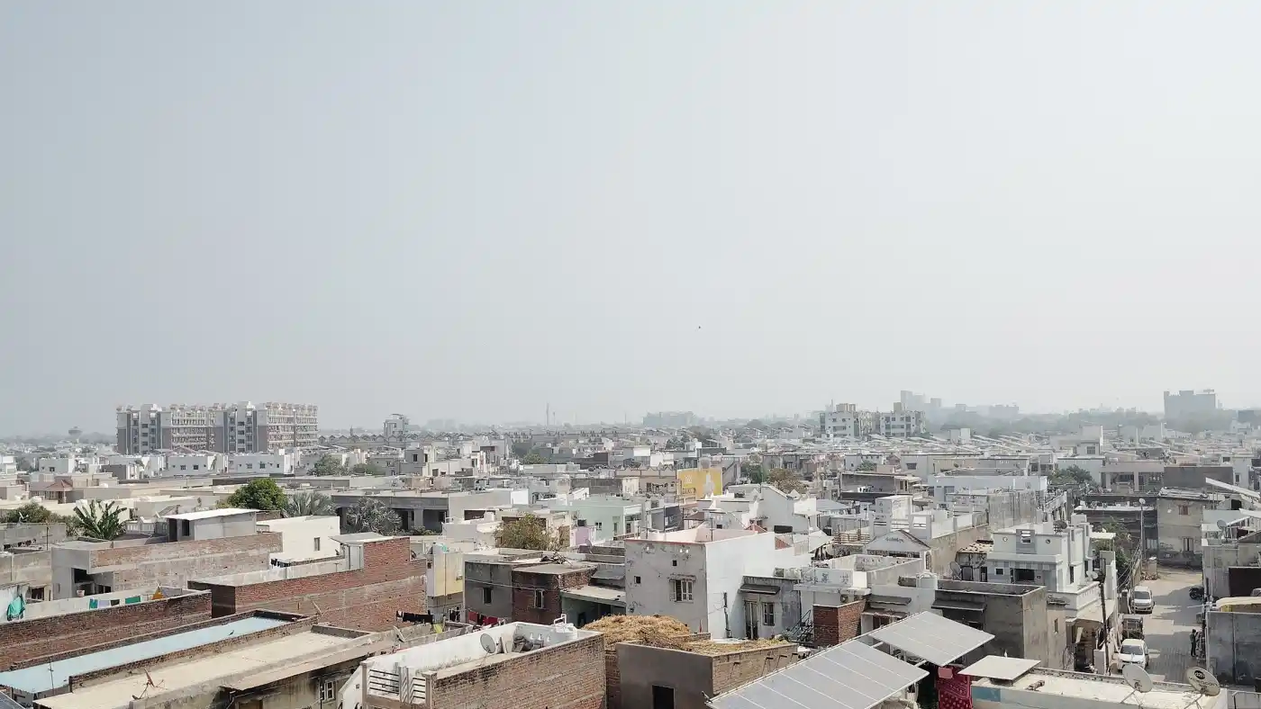 Rooftop solar panels installed on the roofs of houses in India