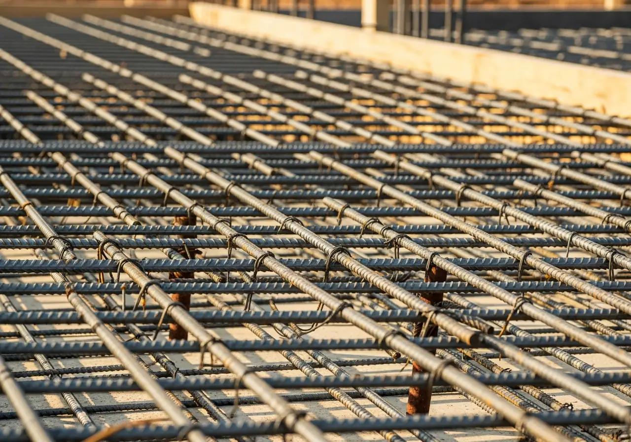 Steel reinforcement laid and checked before a concrete pour