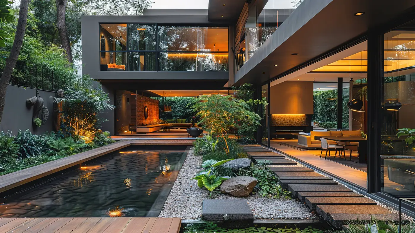 Contemporary Hyderabad home with a shaded courtyard and deep planting