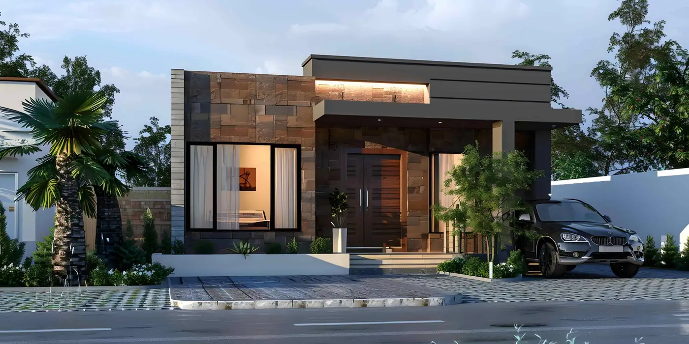 Coastal home with stone walls and deep roof among palms